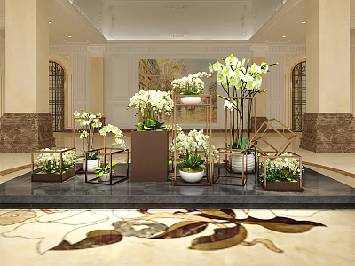 Elegant Floral Display Featuring White Orchids On Decorative Stands In Grand Hall With Marble Floor 3d model