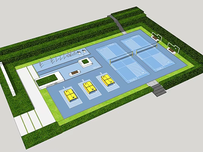 Outdoor Fitness Training Area With Multiple Sports Courts And Green Hedge Surroundings 3d model