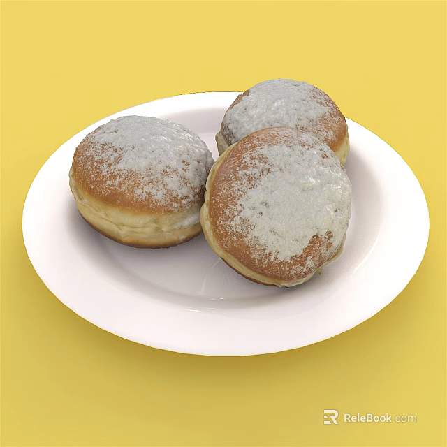 Fresh Powdered Sugar Doughnuts Served On White Plate Against Yellow Background 3d model 