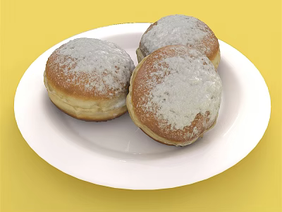 Fresh Powdered Sugar Doughnuts Served On White Plate Against Yellow Background 3d model