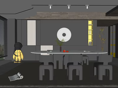 Modern Restaurant Interior With Circular Dining Table Chairs Yellow Shelves And Circular Wall Decor 3d model