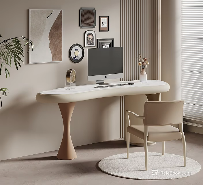 Modern Home Office Interior With Curved Desk Computer Monitor Chair Wall Art And Potted Plant 3d model 
