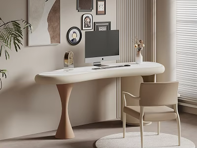 Modern Home Office Interior With Curved Desk Computer Monitor Chair Wall Art And Potted Plant 3d model
