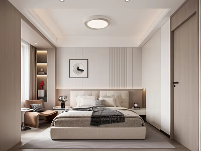 Modern Bedroom Interior Design With Bed Nightstands Accent Chair And Wall Art 3d model