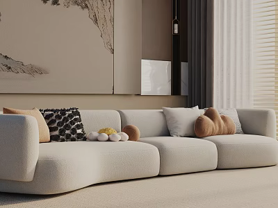 Beige Three Seat Sofa With Linen Upholstery Decorative Pillows Wall Art And Curtains 3d model