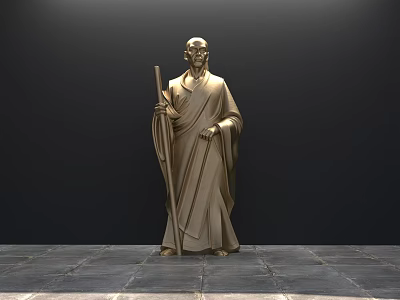 Landscape Sculpture Standing Figure in Traditional Robe with Staff on Stone Floor Against Dark Background 3d model
