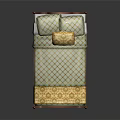 People Resting On Red Wooden Four Poster Bed With Green Checkered Mattress And Yellow Pillow