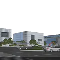 Modern Industrial Factory Building With Glass Curtain Walls Parking Lot And Green Trees