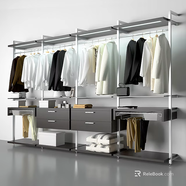 Modern Open Wardrobe with Metal Frame Hanging Clothes Drawers and Organized Shelf Storage 3d model 