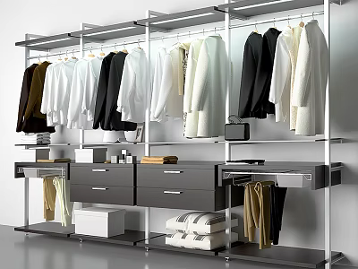 Modern Open Wardrobe with Metal Frame Hanging Clothes Drawers and Organized Shelf Storage 3d model