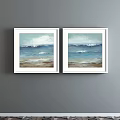 Two White Framed Abstract Ocean Paintings With Blue Waves On Gray Wall 3d model