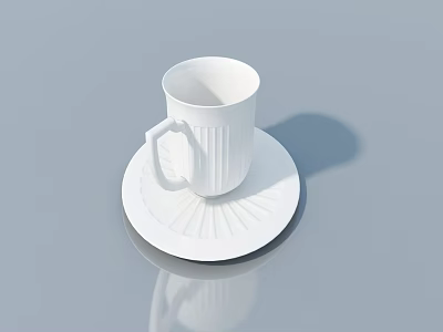 White Ceramic Cup with Saucer and Radial Patterned Design on Gray Background 3d model