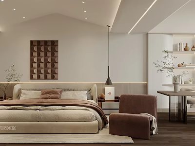 Modern Bedroom Interior Design With Beige Bed Decorative Painting And Brown Armchair 3d model