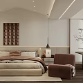 Modern Bedroom Interior Design With Beige Bed Decorative Painting And Brown Armchair