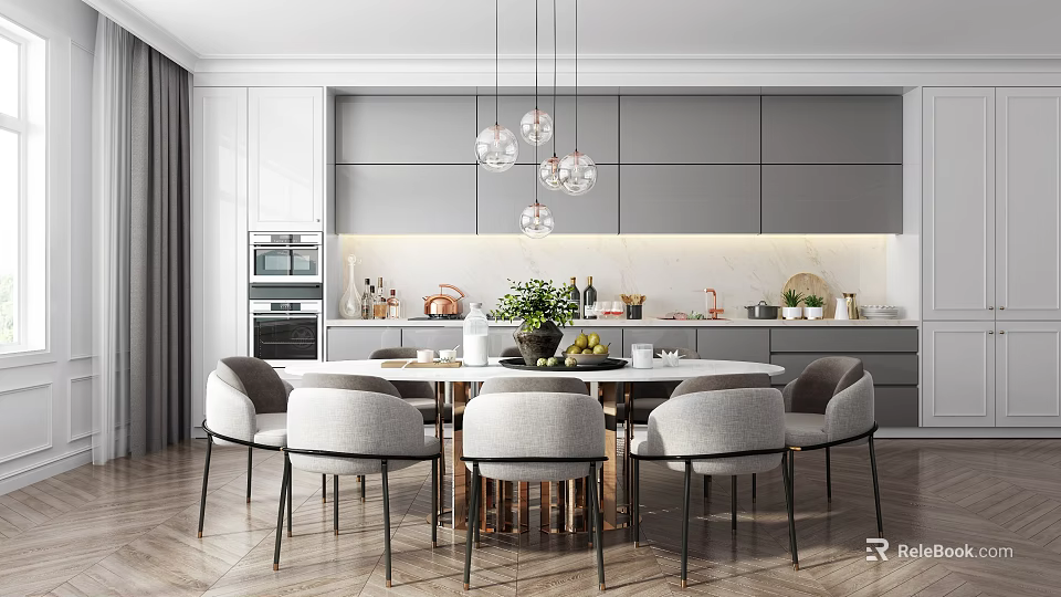 Modern Kitchen Interior Design With Dining Table Chairs Pendant Lights And Cabinets 3d model
