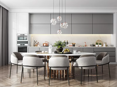 Modern Kitchen Interior Design With Dining Table Chairs Pendant Lights And Cabinets 3d model