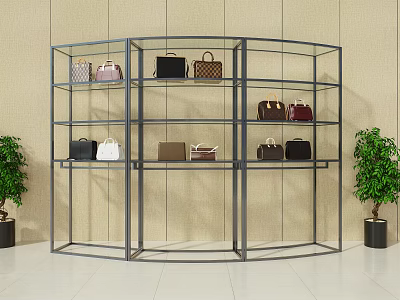Metal Display Shelf with Multiple Layers Holding Various Colorful Handbags and Green Plants 3d model