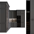 Modern Dark Gray Kitchen Cabinets With Glass Fronts And Stone Backsplash 3d model