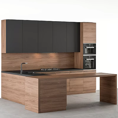 Modern Kitchen Interior With Dark Wooden Cabinets Sink Stove And Oven 3d model