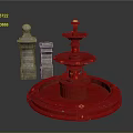 Red Multi Tiered Fountain With Stone Pillars And Ornate Gold Details