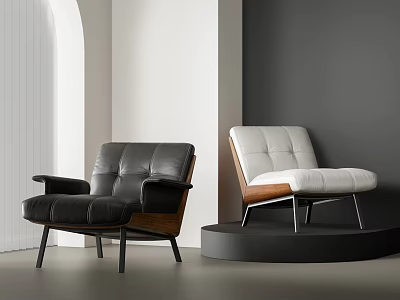 Modern Minimalist Lounge Chairs Black Leather With Wooden Armrests And White Leather With Metal Legs 3d model