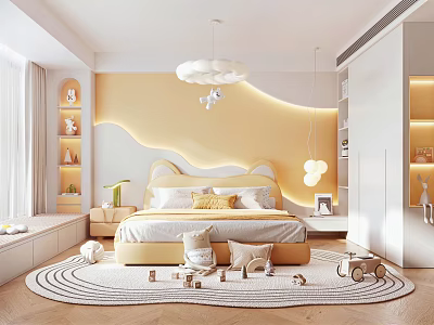 Bright Kids Room Interior Design With Rabbit Shaped Headboard Cloud Pendant Light And Toys 3d model