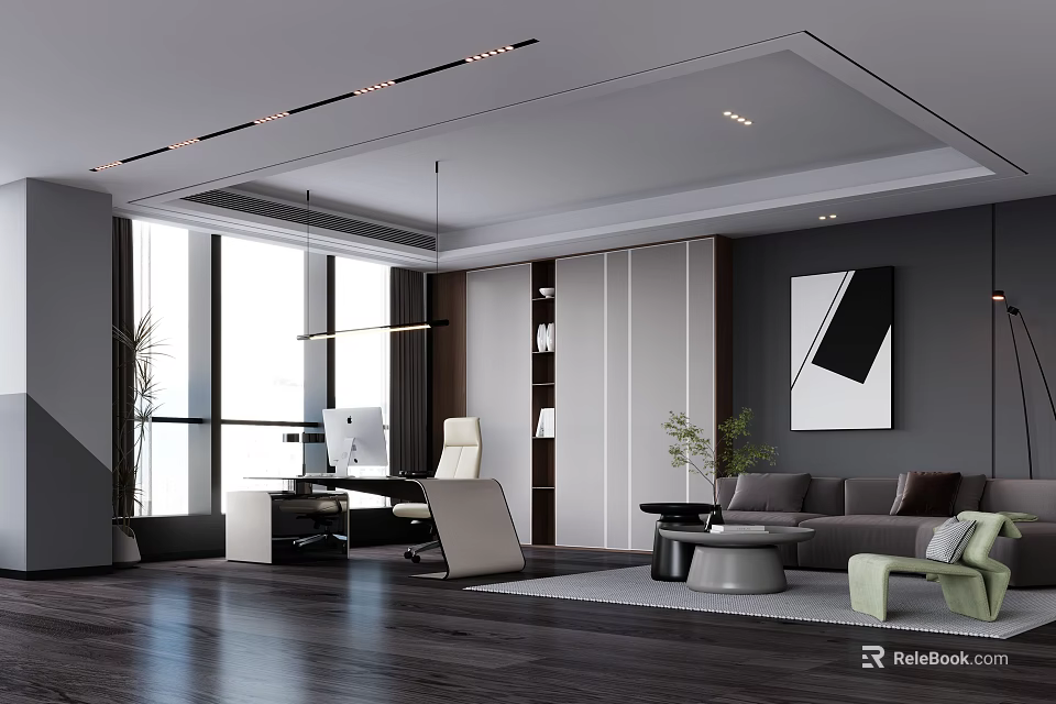 Modern Spacious Office Interior With Large Windows Desk Computer Sofa Plant And Decorative Painting 3d model 