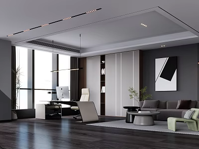 Modern Spacious Office Interior With Large Windows Desk Computer Sofa Plant And Decorative Painting 3d model