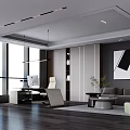 Modern Spacious Office Interior With Large Windows Desk Computer Sofa Plant And Decorative Painting