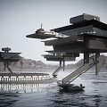 Cartoon Scenery of Futuristic Waterfront Structures with Floating Platforms Helicopter Mountainous Background and Small Boat
