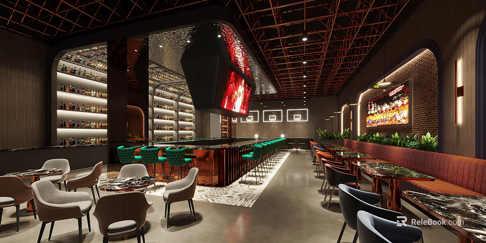 Modern Restaurant Interior Featuring Bar Counter Green Chairs Wine Racks And Decorative Paintings 3d model 