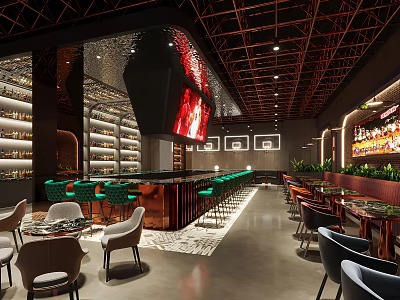 Modern Restaurant Interior Featuring Bar Counter Green Chairs Wine Racks And Decorative Paintings 3d model