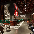 Modern Restaurant Interior Featuring Bar Counter Green Chairs Wine Racks And Decorative Paintings