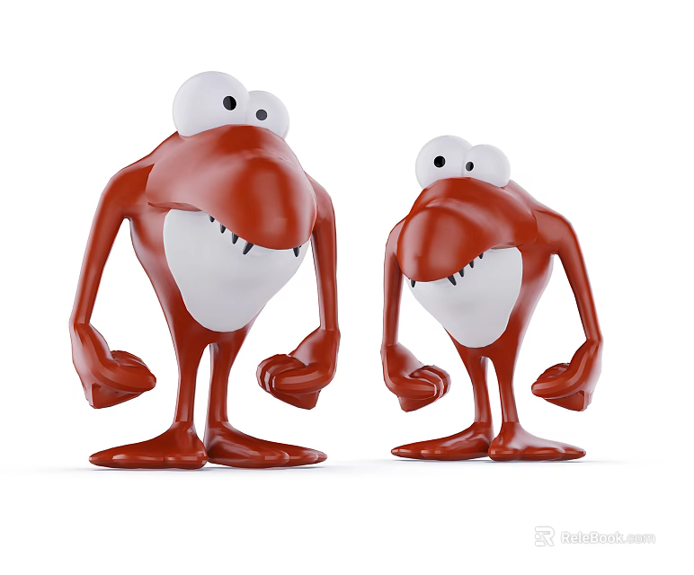 Two Red Cartoon Style Dolls With Big Eyes And Open Mouths Standing 3d model 