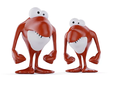 Two Red Cartoon Style Dolls With Big Eyes And Open Mouths Standing 3d model