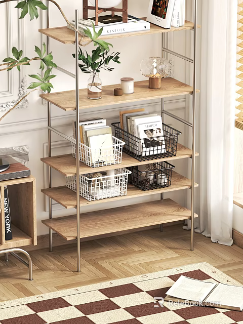 Wooden and Metal Frame Decorative Shelf with Black White Storage Baskets Magazines and Decorative Items 3d model 