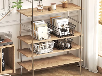 Wooden and Metal Frame Decorative Shelf with Black White Storage Baskets Magazines and Decorative Items 3d model