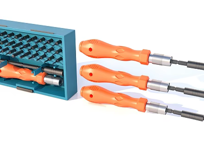 Professional Hardware Tool Set With Blue Toolbox Multiple Drill Bits And Three Orange Handle Screwdrivers 3d model