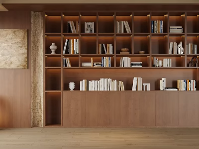 Modern Wooden Bookcase Interior With Multiple Shelves Books And Decor Items 3d model