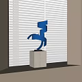 Blue Spiral Metal Sculpture With Gray Square Base Against White Window Blinds Indoor
