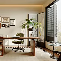 Modern Study Room Interior With Built in Bookshelves Wooden Desk Green Chair And Potted Plant