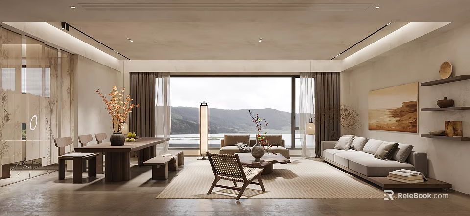 Warm Wabi Sabi Open Plan Living And Dining Room With Large Panoramic Outdoor Natural Views 3d model 