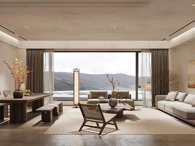 Warm Wabi Sabi Open Plan Living And Dining Room With Large Panoramic Outdoor Natural Views 3d model