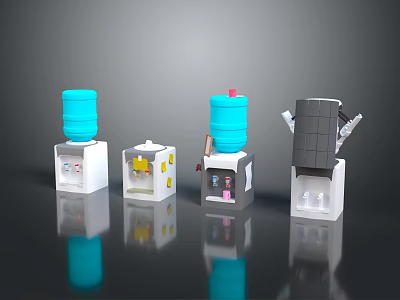 Various Designed Water Dispenser Models With Blue Tanks White Bases And Small Parts 3d model