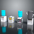 Various Designed Water Dispenser Models With Blue Tanks White Bases And Small Parts