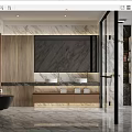Luxurious Modern Bathroom Interior With Marble Walls Double Sinks Wooden Countertop And Free Standing Bathtub