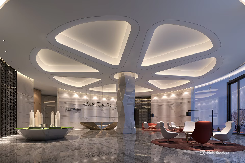Modern Sales Office Interior Design With Unique Ceiling And Luxury Furniture Setup 3d model 