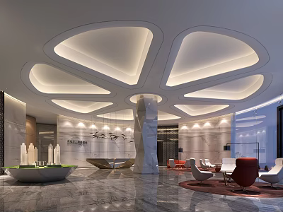 Modern Sales Office Interior Design With Unique Ceiling And Luxury Furniture Setup 3d model