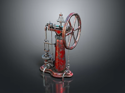 Vintage Red Mechanical Device with Large Wheel and Metal Structure in Retro Industrial Design 3d model