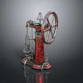 Vintage Red Mechanical Device with Large Wheel and Metal Structure in Retro Industrial Design
